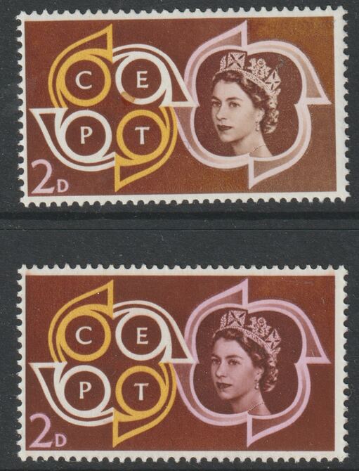 Great Britain 1961 CEPT Conference 2d with superb dry print of pink,(white portrait) complete with normal both unmounted mint, SG 626var