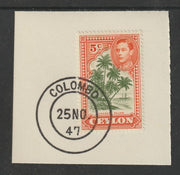 Ceylon 1938-49 KG6 Coconut Palms 5c on piece with full strike of Madame Joseph forged postmark type 122