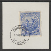 Barbados 1916-19 Large Britannia 2.5d ultramarine on piece with full strike of Madame Joseph forged postmark type 45