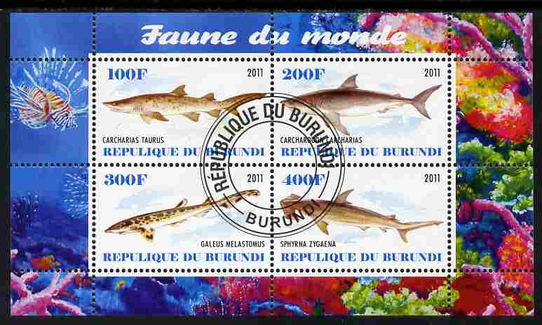 Burundi 2011 Fauna of the World - Sharks #2 perf sheetlet containing 4 values fine cto used