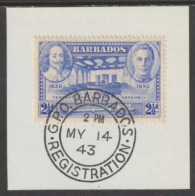 Barbados 1939 KG6 Tercentenary 2.5d ultramarine on piece with full strike of Madame Joseph forged postmark type 47