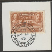 Barbados 1939 KG6 Tercentenary 3d brown on piece with full strike of Madame Joseph forged postmark type 47