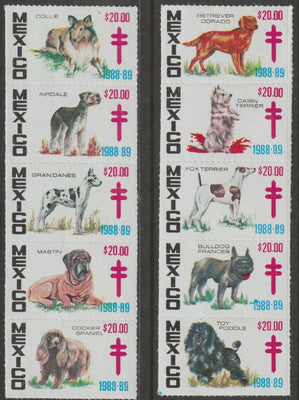 Cinderella - Mexico 1988-89 Anti TB label perf strip of 10 depicting Dogs, unmounted mint