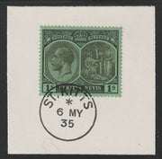 St Kitts-Nevis 1920-22 KG5 Medicinal Spring 1s black on green SG46b on piece with full strike of Madame Joseph forged postmark type 348