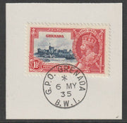 Grenada 1935 KG5 Silver Jubilee 1.5d on piece with full strike of Madame Joseph forged postmark type 203