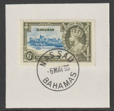 Bahamas 1935 KG5 Silver Jubilee 6d on piece cancelled with full strike of Madame Joseph forged postmark type 35