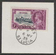 St Lucia 1935 KG5 Silver Jubilee 1s on piece with full strike of Madame Joseph forged postmark type 358