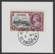 St Vincent 1935 KG5 Silver Jubilee 1s on piece with full strike of Madame Joseph forged postmark type 369