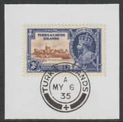 Turks & Caicos Islands 1935 KG5 Silver Jubilee 3d on piece with full strike of Madame Joseph forged postmark type 426