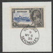 Seychelles 1935 KG5 Silver Jubilee 6c on piece with full strike of Madame Joseph forged postmark type 383