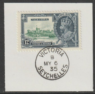 Seychelles 1935 KG5 Silver Jubilee 12c on piece with full strike of Madame Joseph forged postmark type 383