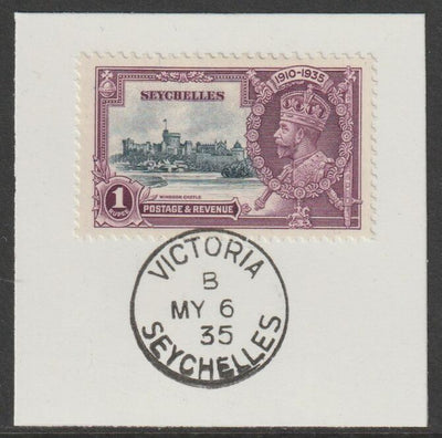 Seychelles 1935 KG5 Silver Jubilee 1r on piece with full strike of Madame Joseph forged postmark type 383