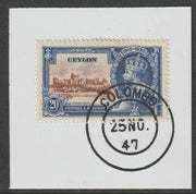 Ceylon 1935 KG5 Silver Jubilee 20c on piece with full strike of Madame Joseph forged postmark type 122 (1947 cancel)