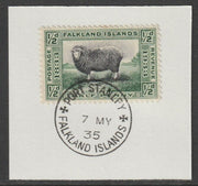 Falkland Islands 1933 Centenary 1/2d on piece with full strike of Madame Joseph forged postmark type 155