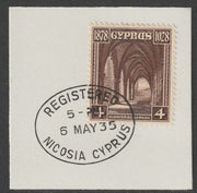 Cyprus 1928 KG5 50th Anniversary 4 pi deep brown,on piece with full strike of Madame Joseph forged postmark type 132