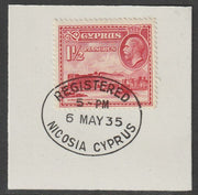 Cyprus 1934 KG5 Kyrenia Harbour 1.5pi carmine SG137 on piece with full strike of Madame Joseph forged postmark type 132