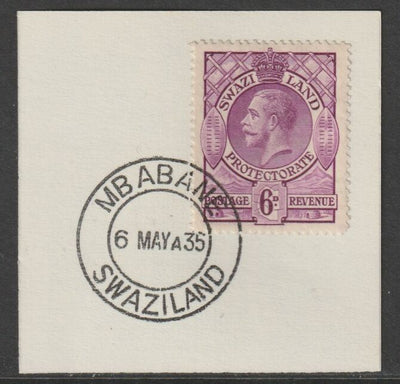 Swaziland 1933 KG5 Definitive 6d on piece with full strike of Madame Joseph forged postmark type 407