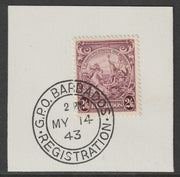 Barbados 1938 KG6 Britannia 2s6d purple on piece with full strike of Madame Joseph forged postmark type 47