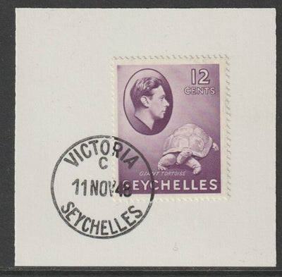 Seychelles 1938 KG6 12c reddish violet on piece cancelled with full strike of Madame Joseph forged postmark type 389