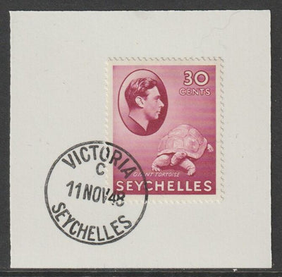 Seychelles 1938 KG6 30c carmine on piece cancelled with full strike of Madame Joseph forged postmark type 389