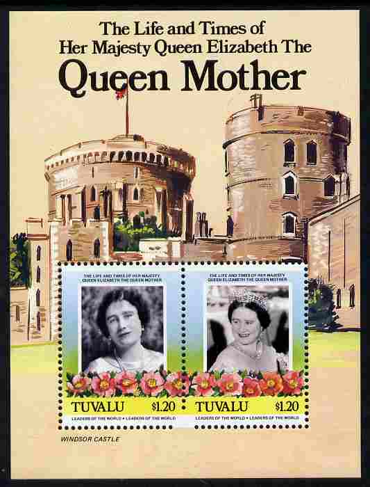 Tuvalu 1985 Life & Times of HM Queen Mother (Leaders of the World) m/sheet showing Windsor Castle, partially imperf at base probably due to several broken perf pins unmounted mint, as SG MS 342