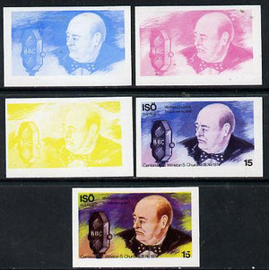 Iso - Sweden 1974 Churchill Birth Centenary 15 (Talking into Microphone) set of 5 imperf progressive colour proofs comprising 3 individual colours (red, blue & yellow) plus 3 and all 4-colour composites unmounted mint