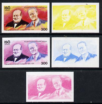 Iso - Sweden 1974 Churchill Birth Centenary 300 (with Pres Johnson) set of 5 imperf progressive colour proofs comprising 3 individual colours (red, blue & yellow) plus 3 and all 4-colour composites unmounted mint