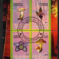 Congo 2011 Mushrooms & Orchids #1 perf sheetlet containing 4 values cto used