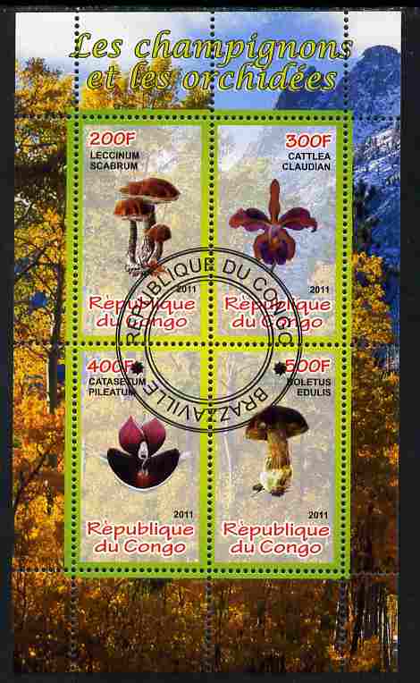 Congo 2011 Mushrooms & Orchids #2 perf sheetlet containing 4 values cto used