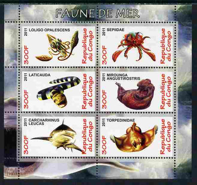 Congo 2011 Sea Life perf sheetlet containing 6 values unmounted mint