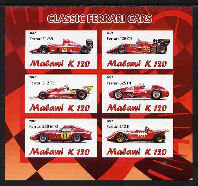 Malawi 2011 Classic Ferrari imperf sheetlet containing 6 values unmounted mint