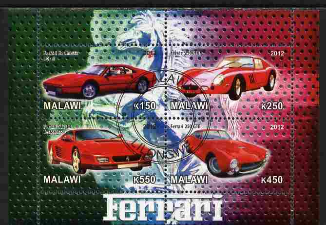 Malawi 2012 Ferrari Cars #02 perf sheetlet containing 4 values cto used