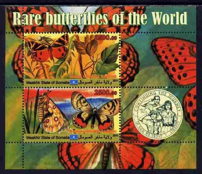 Maakhir State of Somalia 2011 Rare Butterflies #1 (with Scout Badge) perf sheetlet containing 2 values unmounted mint