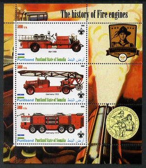 Puntland State of Somalia 2010 History of Fire Engines #2 (with Scout Logo) perf sheetlet containing 3 values unmounted mint