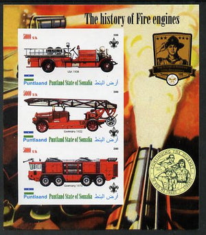 Puntland State of Somalia 2010 History of Fire Engines #2 (with Scout Logo) imperf sheetlet containing 3 values unmounted mint