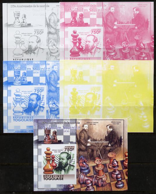 Togo 2011 Chess - Wilhelm Steinitz #4 m/sheet sheet - the set of 5 imperf progressive proofs comprising the 4 individual colours plus all 4-colour composite, unmounted mint