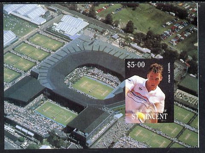 St Vincent - Bequia 1988 International Tennis Players $5 m/sheet (Ivan Lendl) as issued but imperf progressive proof in 4 colours only (orange omitted leaving Country, name and value in white) unmounted mint