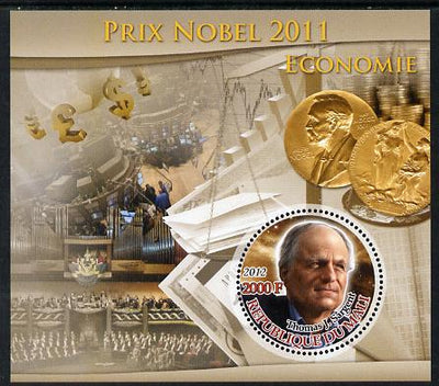 Mali 2012 Nobel Prize Winners of 2011 - Thomas J Sargent (Economics) perf souvenir sheet containing circular-shaped stamp unmounted mint