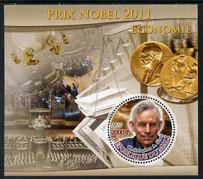 Mali 2012 Nobel Prize Winners of 2011 - Christopher A Sims (Economics) perf souvenir sheet containing circular-shaped stamp unmounted mint