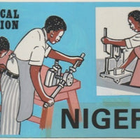 Nigeria 1986 Nigerian Life Def series - original hand-painted artwork for 2n value (Technical Education Students using Machinery) probably by NSP&MCo Staff Artist S Eluare on card 9" x 5" endorsed with 'colours used' on back