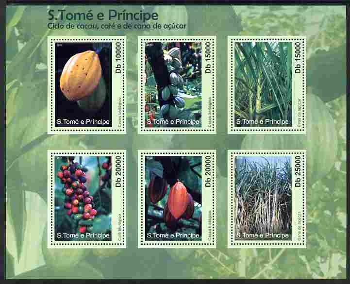 St Thomas & Prince Islands 2010 Coffee, Cocoa & Sugar Cane perf sheetlet containing 6 values unmounted mint