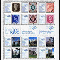 Cinderella - Great Britain 1980 London International Stamp Exhibition perf sheetlet containing 15 labels (6 x Great Britain stamps, 6 x London Tourists Sites & 3 labels) on gummed paper unmounted mint with House of Questa imprint