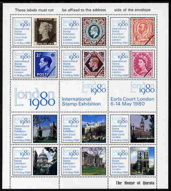 Cinderella - Great Britain 1980 London International Stamp Exhibition perf sheetlet containing 15 labels (6 x Great Britain stamps, 6 x London Tourists Sites & 3 labels) on gummed paper unmounted mint with House of Questa imprint