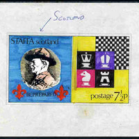 Staffa 1978 Scouts & Chess - original hand-painted artwork for unaccepted 7.5p values on paper, image size 123 x 70 mm complete with issued sheetlet showing similar designs