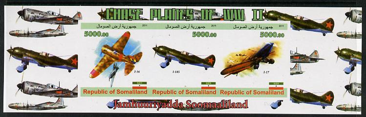 Somaliland 2011 Chase Planes of WW2 #01 imperf sheetlet containing 3 values unmounted mint