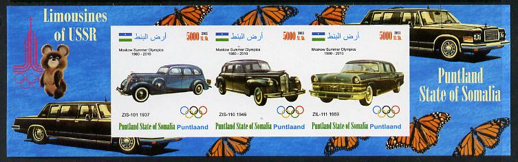 Puntland State of Somalia 2011 Limousines of the USSR #1 imperf sheetlet containing 3 values (Butterflies & Mosco Olympic Logo in margin) unmounted mint