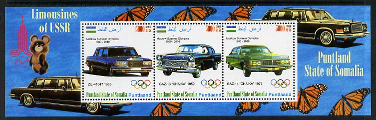 Puntland State of Somalia 2011 Limousines of the USSR #2 perf sheetlet containing 3 values (Butterflies & Mosco Olympic Logo in margin) unmounted mint