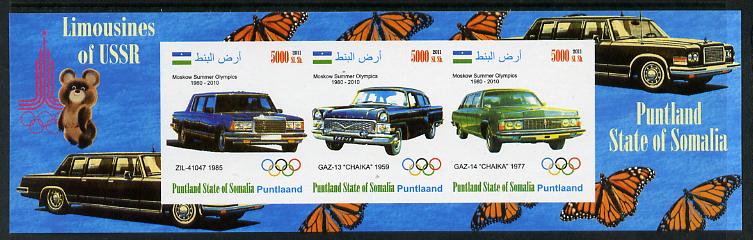 Puntland State of Somalia 2011 Limousines of the USSR #2 imperf sheetlet containing 3 values (Butterflies & Mosco Olympic Logo in margin) unmounted mint