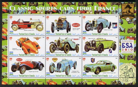 Puntland State of Somalia 2010 Classic Sports Cars of France with Scouts Logos perf sheetlet containing 9 values unmounted mint