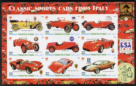 Puntland State of Somalia 2010 Classic Sports Cars of Italy with Scouts Logos imperf sheetlet containing 9 values unmounted mint